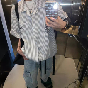 Camisa de manga corta bordada a rayas con cuello cubano <span class=keywords><strong>para</strong></span> hombre, novedad de verano, cuello Polo, informal, estilo novio BF, camisa de pareja - Product Image 4