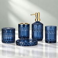 Ensemble de 5 accessoires de salle de bain en verre trempé, finition cristal : distributeur de savon, porte-brosse à dents, gobelet, pot de rangement, pour vanité