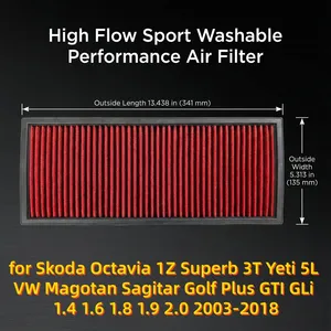 Filtre à air haute performance pour Skoda Octavia 1Z Superb 3T <span class=keywords><strong>Yeti</strong></span> 5L VW Magotan Sagitar <span class=keywords><strong>Golf</strong></span> Plus GTI GLi 1.4 1.6 1.8 1.9 2.0 2003-2018 - Product Image 1