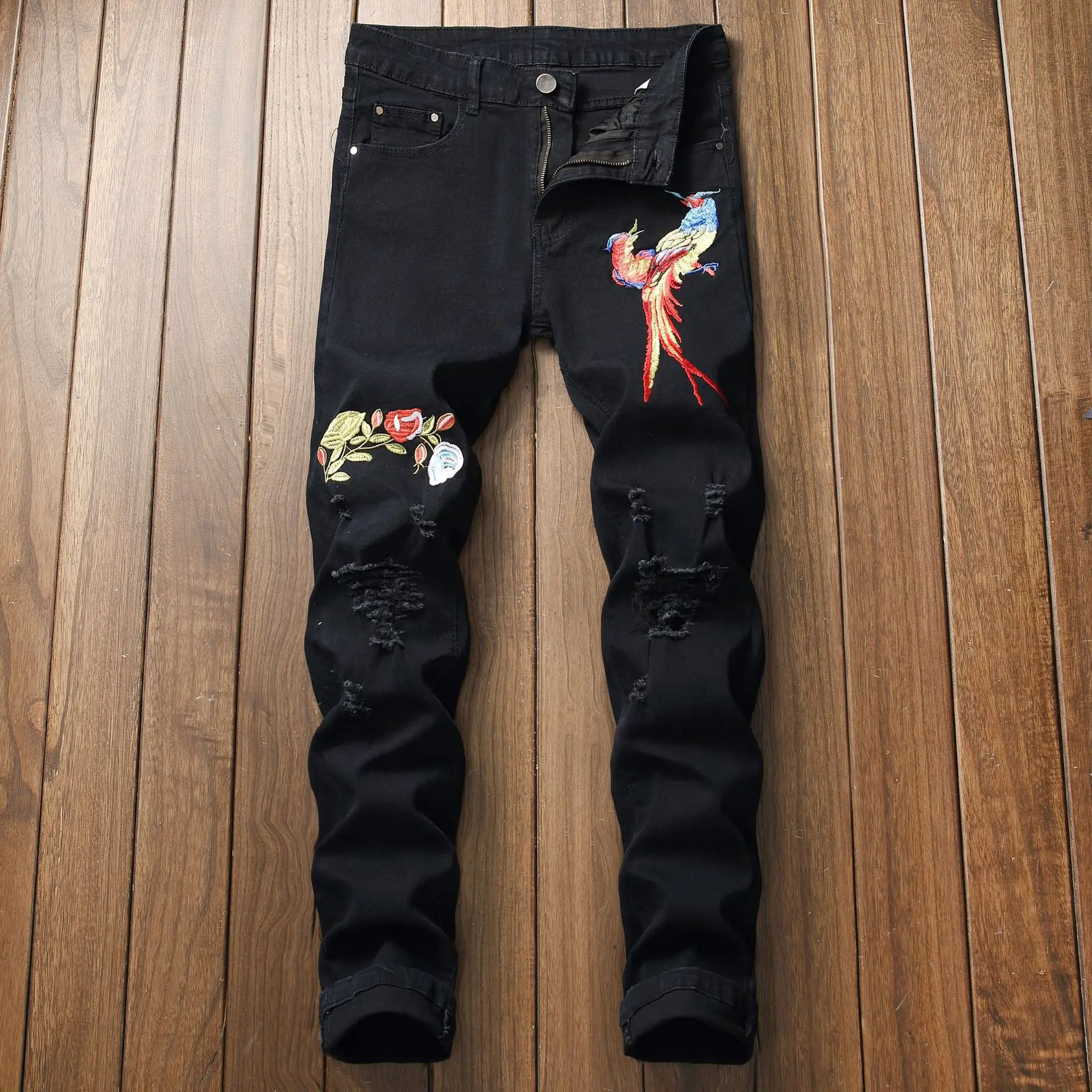 Fabrikanten Groothandel Met Pocket Heren Stretch Slim Fit Flarden Vintage Gedrukt Geborduurde Jeans