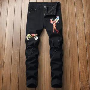 Pantalones vaqueros elásticos con bolsillo para hombre, Jeans bordados con estampado Vintage