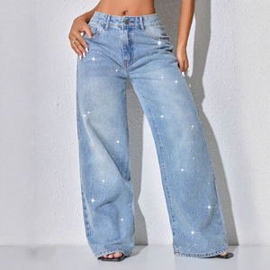 <span class=keywords><strong>Jean</strong></span> en denim délavé à strass <span class=keywords><strong>pour</strong></span> femmes européennes et américaines, <span class=keywords><strong>grande</strong></span> <span class=keywords><strong>taille</strong></span>, <span class=keywords><strong>taille</strong></span> basse, coupe droite ample avec boutons - Product Image 3