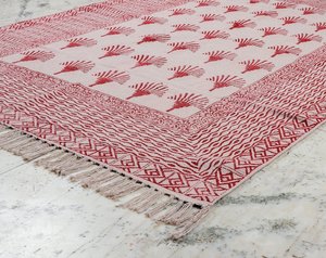 Indian Boho Kilim Style Red Cotton Dhurrie Rug Hand <b>Block</b> Printed Handmade Carpet Floor Rug Home Decor - Product Image 5