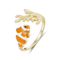 Anillo Abierto de Plata de Ley 925 con Diseño de Pez Payaso, Joyería Original con Temática Oceánica, Anillos Ajustables con Diseño de Pez Coral, Regalo de Playa para Mujeres y Niñas BSR760