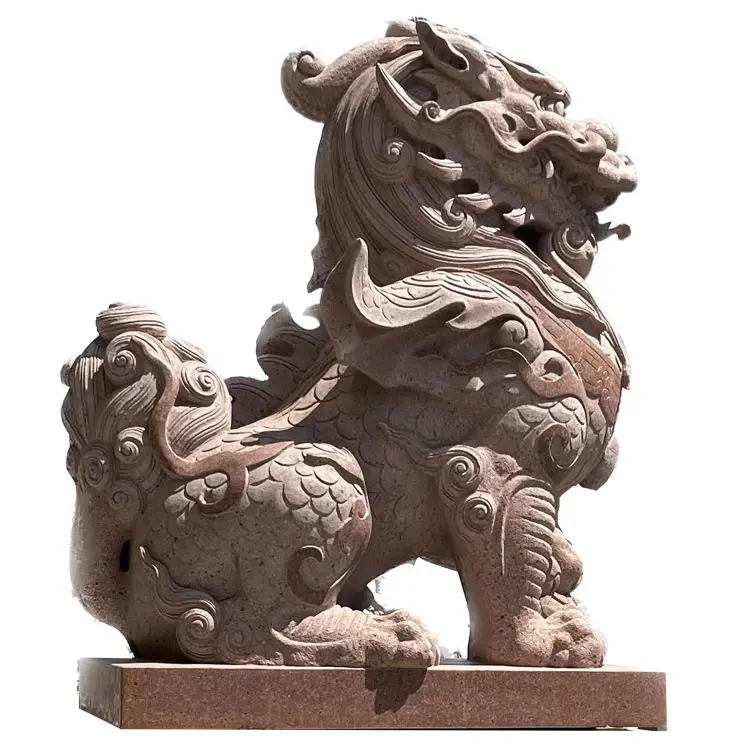 Giardino cinese grande scultura in pietra rossa FENGSHUI Qilin antica statua di Kirin del drago e scultura di Kylin in vendita