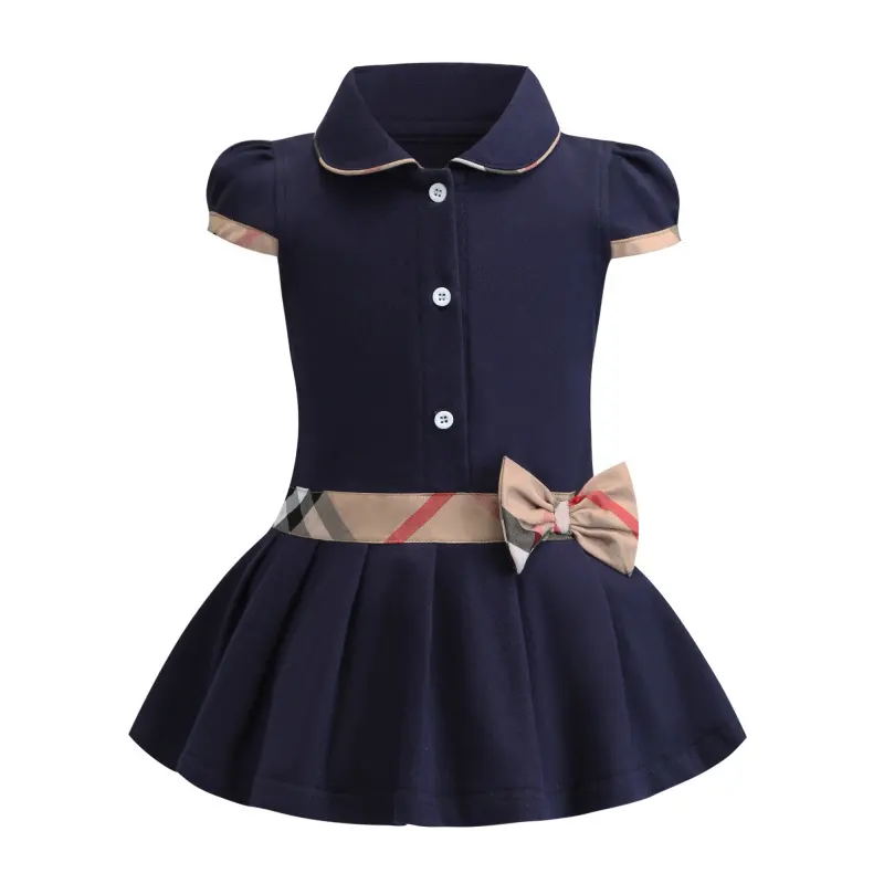 Preppy Style Children Dress Spring Summer Peter Pan Collar 100%Cotton Kids Girls half Sleeve Polo Dress
