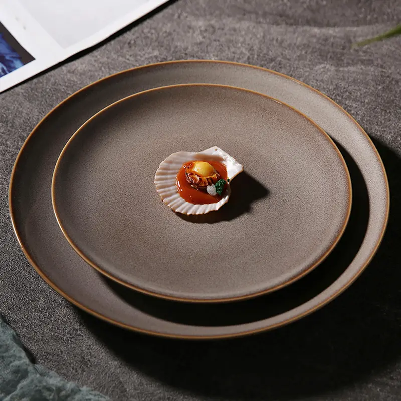 WEIYE-plato redondo de cerámica esmaltado, plato redondo creativo de porcelana caqui para restaurante, ensalada, postre