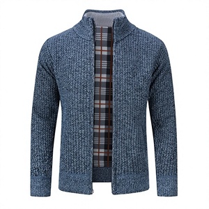 Cardigan en laine acrylique pour homme, col mandarin, fermeture éclair, doublure à carreaux, manches longues, pull chaud en tricot pour l'automne - Product Image 2