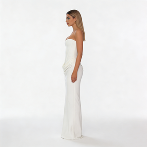 Abiti da Donna Bianchi <span class=keywords><strong>Senza</strong></span> <span class=keywords><strong>Spalline</strong></span> con Corsetto in Vita, Dettaglio Arricciato, Aderenti in Tessuto Satinato, Eleganti Abiti Lunghi da Cerimonia per Ospiti di Matrimonio - Product Image 2