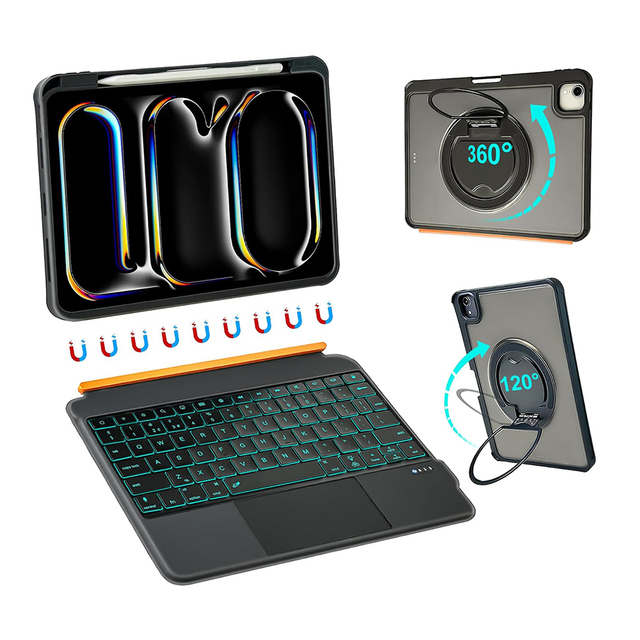 New 360Stand Magnetic Detachable LED Backlit Case Trackpad Pencil Holder for iPad Air 11 Inch M4/M3/M2 10th Gen A16 Pro