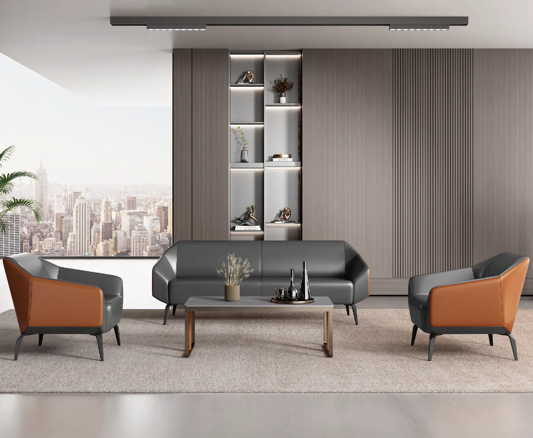 Furnitur Italia mewah abu-abu Lounge lobby hotel kantor ruang tamu 6 kursi set sofa kecil kulit asli dengan bagian modular