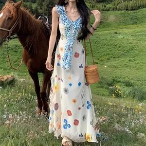 French Style Floral Print Sundress V Neck Empire Waist Long Dress For Beach Vacation Women Summer Casual Wear - Product Image 4