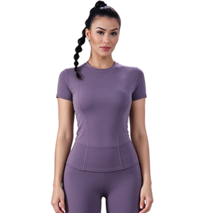 Women's Custom Logo Eco-Friendly Quick Dry Plaid Pattern Sports <b>T</b>-<b>Shirts</b> Wholesale Breathable Gym <b>Yoga</b> Spandex/Polyester Tops - Product Image 1