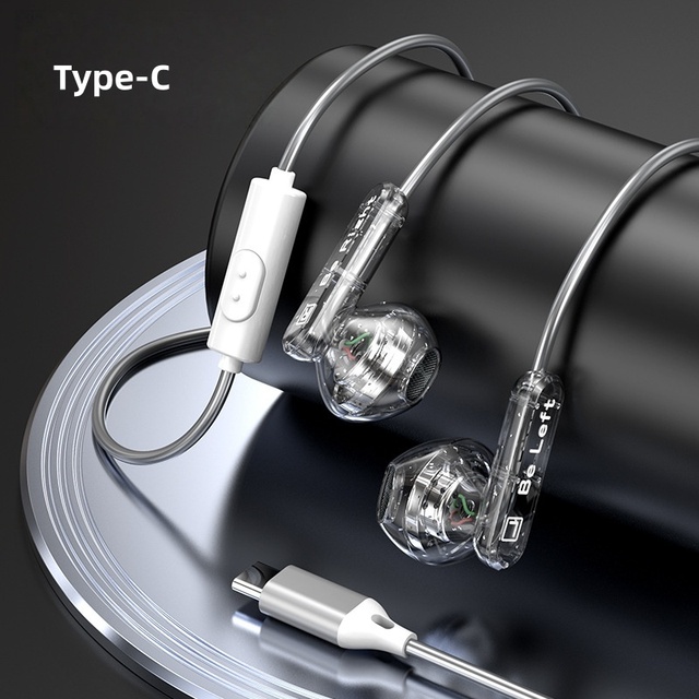 High Definition Wired Earphones Type C Sound Heavy Bass Real-Time SyncGaming/Music Earbuds Transparent IPX5 with Mic for Sport