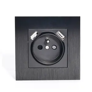 High-End Brushed Aluminum Wall Plate European Type 250V 16A French Socket With Dual Type A Usb Ports Output DC 5V 2.1A