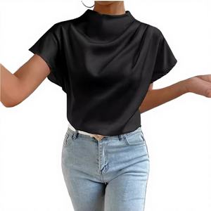 Camiseta de Verano Casual para Mujer, Lisa, Antipilling, de Poliéster Satinado, Manga Corta, Cuello Redondo, Fruncida, Ajuste Holgado - Product Image 2