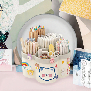 Organizador de Escritorio Redondo Giratorio, Multifuncional, con 4 Compartimentos, de Plástico, para Calendario, Bolígrafos y Otros Artículos, con Calcomanías de Dibujos Animados - Product Image 3