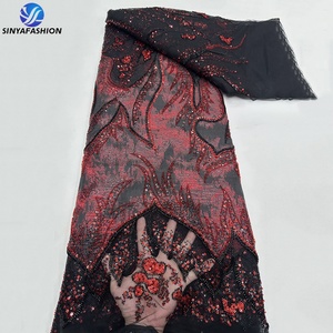 Sinya hoàng gia màu xanh sang trọng sequin đính cườm pháp lưới vải tuyn ren 5 bãi 10 màu sắc nóng bán thổ cẩm Jacquard Vải Thêu Ren - Product Image 6