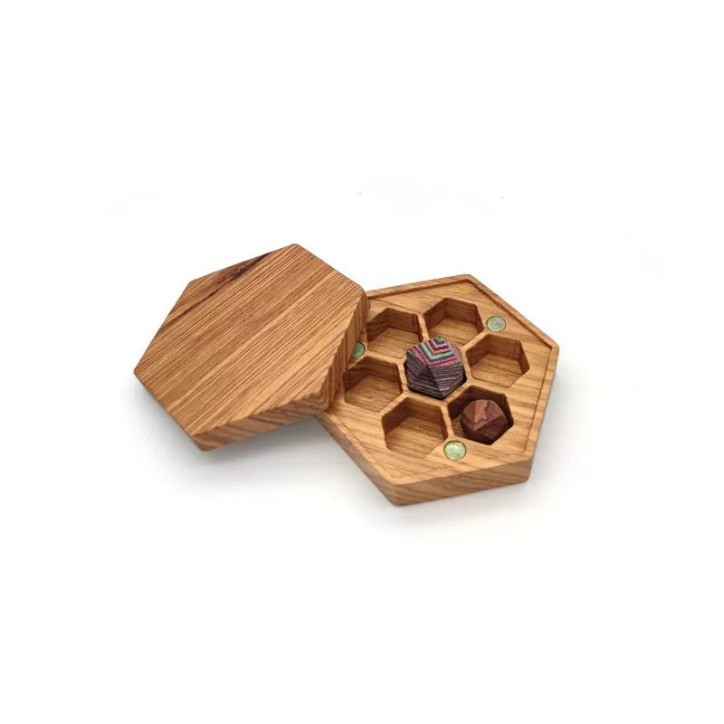 Hexagonal Wood Dice Storage Case with Magnetic Lid Dragon Accessory Wooden Dice Organizer Dices Tray Box