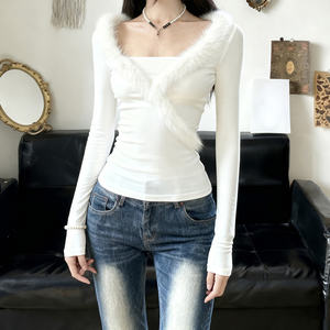 Camiseta de manga larga con cuello en V y costuras acolchadas, ajustada, para invierno, se puede usar como ropa interior con un top estilo chica sexy. - Product Image 4