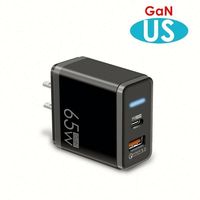 Adaptateur de voyage pour téléphone portable 65W GAN avec prise US, UK, EU, chargeur pour ordinateur portable, USB A, USB C, chargeur mural