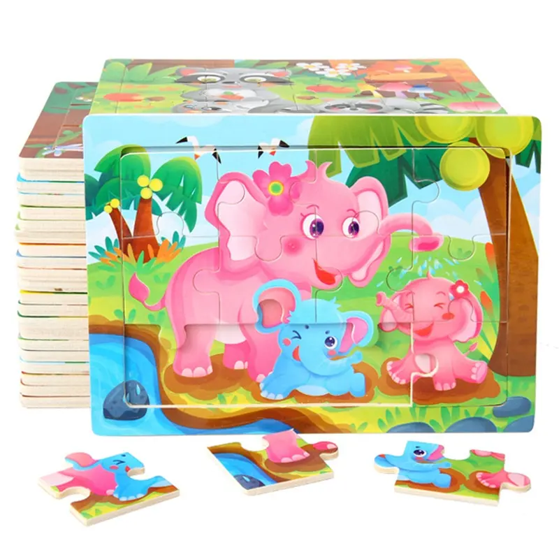 2021 Hot Selling Producten Dier Cartoon Vroege Educatieve 12 Stuk Houten Puzzel Montessori Speelgoed Voor Kinderen