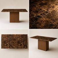 Table à manger rectangulaire moderne et minimaliste, motif marbre brun, plateau imitation, base en métal rouillé, haut de gamme, pour maison, villa, hôtel, personnalisable