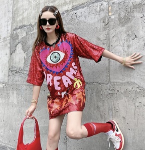 Femmes Mode Glitter Sequin Eye Manches Courtes Lâche Long T Dree Sequin Jersey Basketball - Product Image 3