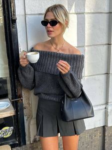 2025 nouveauté Vintage Sexy une ligne épaule à manches longues <span class=keywords><strong>pull</strong></span> femme paresseux ample couleur unie <span class=keywords><strong>pull</strong></span> haut - Product Image 3