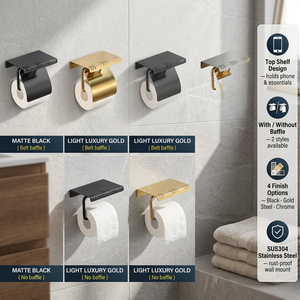 Porte-papier toilette mural moderne en acier inoxydable SUS304 noir mat, or luxe léger avec étagère supérieure, accessoire de salle de bain - Product Image 1