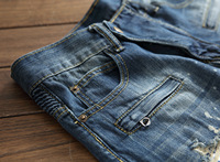 Jeans en coton coupe droite style Boyfriend pour homme, grande taille, avec patchs plissés, style moto, punk nostalgique, hip-hop, boutons foncés, OEM ODM