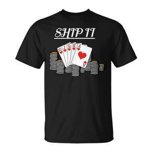 T-shirt unisexe pour adulte à manches courtes et col rond avec impression numérique, motif Ship It Poker, Royal Flush, cartes et jetons - Product Image 3