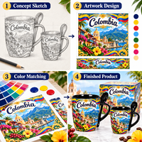 Souvenir de voyage en Colombie, tasse à café en céramique avec cuillère, drapeau colombien, impression florale de ville coloniale, tasse à café en porcelaine, 2 tailles