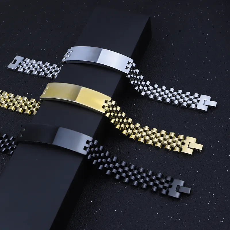 Custom Men's Engraved Logo Bracelet Black Silver Gold Plated Jewelry Chunky Stainless Steel Men Blank Bar Bracelet