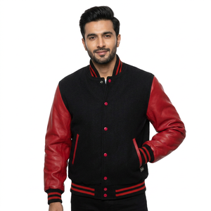 Custom Black Wool Varsity Jacket with Red Leather Sleeves and Contrast Trim for <b>Men</b> Women - Product Image 1