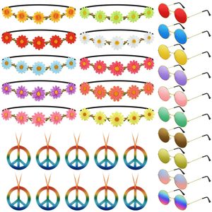 Conjunto de accesorios para fiesta hippie con diademas de flores, gafas de sol coloridas y collares con el signo de la paz para decoraciones de fiestas de disfraces. - Product Image 3