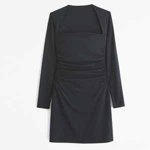 New Arrival square Neck Dress Women Long Sleeve Pleated <b>Open</b> Back Lace-<b>up</b> Casual Mini Party Ribbed Dress for Hen Party - Product Image 1