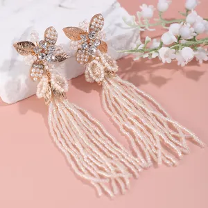 Hot Sale Pipe Bead Tassel Women Earrings Handmade Wholesale Alloy Leaf Bridal Earrings