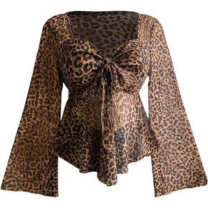 Blusa de Mujer con Mangas Campana y Estampado de Leopardo, Top de Gasa con Lazo Delantero y Peplum, Camisa Elegante para Fiesta - Product Image 1