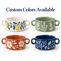 Bol à soupe en céramique à double poignée Citron Olive, peint à la main, en porcelaine, pour céréales et petit-déjeuner, personnalisable OEM ODM, vente en gros