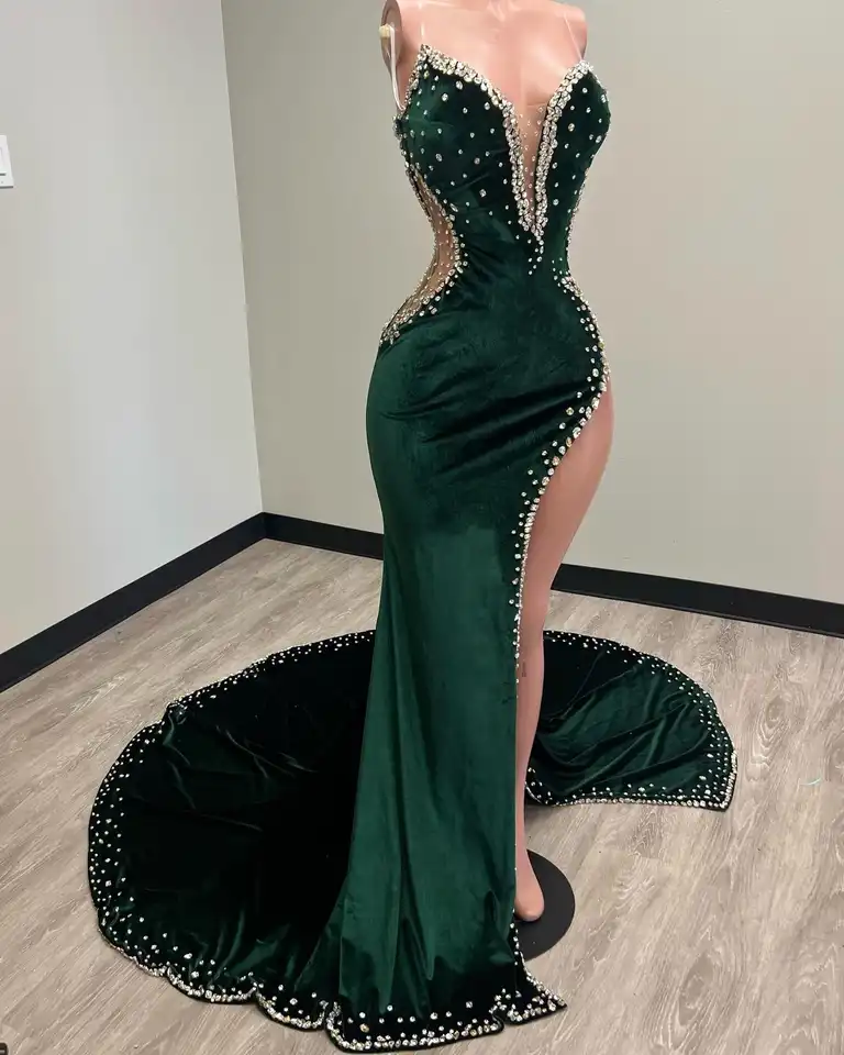 Hunter Green Velvet Prom Dresses - Elegant Aso Ebi Party Gowns Hunter Green Velvet Prom Dresses - Elegant Aso Ebi Party Gowns