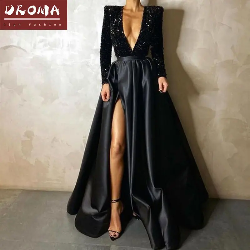 Droma 2021 new design high quality deep v-neck long sleeves split big tail party sexy sequin dress for women