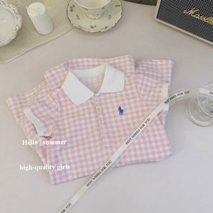Child Star Circle Girls Pink White Checkered Polo Shirt Short Sleeve Breathable Summer Casual Outfit - Product Image 5