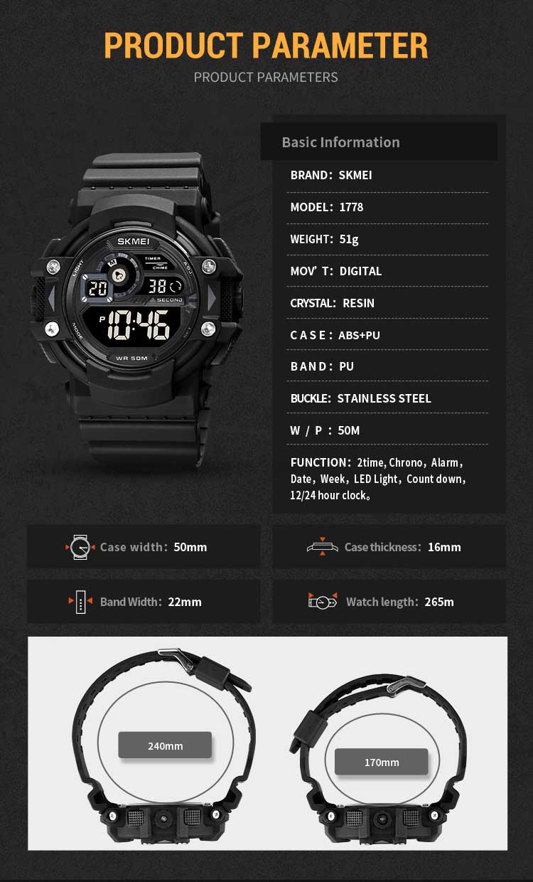 SKMEI 1778 высококачественные мужские цифровые часы из Гуанчжоу, крутые водонепроницаемые японские светящиеся часы с механизмом, хронограф, наружные ручные часы