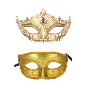 黄金情侣化妆舞会金属面具万圣节狂欢节水晶面具套装Cosplay派对舞会婚礼舞会戏剧面具 - Product Image 2