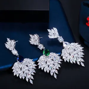 Fashion Royal Blue Marquise Cut Crystal Long Feather Drop Dangle Earrings for Women Wedding Dancing Party Jewelry
