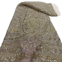 Tissu en dentelle à paillettes champagne, brodé de perles et de sequins, bleu marine, 100% polyester, écologique et léger, idéal pour les mariages