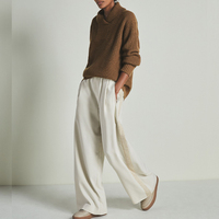 Pull décontracté pour femme en laine et cachemire 100 % avec col châle, coupe ample, tricot côtelé, logo frontal, anti-rides
