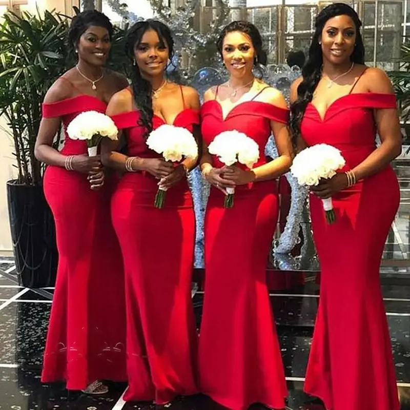 Red Long Mermaid Bridesmaid Dresses elegant Off The Shoulder Maid Of Honor Dress Wedding Party Gowns