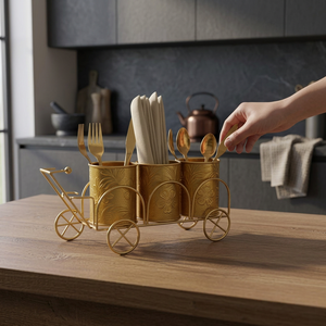 Gold Metal <b>Cutlery</b> Holder Cart with Wheels for Kitchen Tableware <b>Storage</b> Vintage Style Standing Rack - Product Image 2